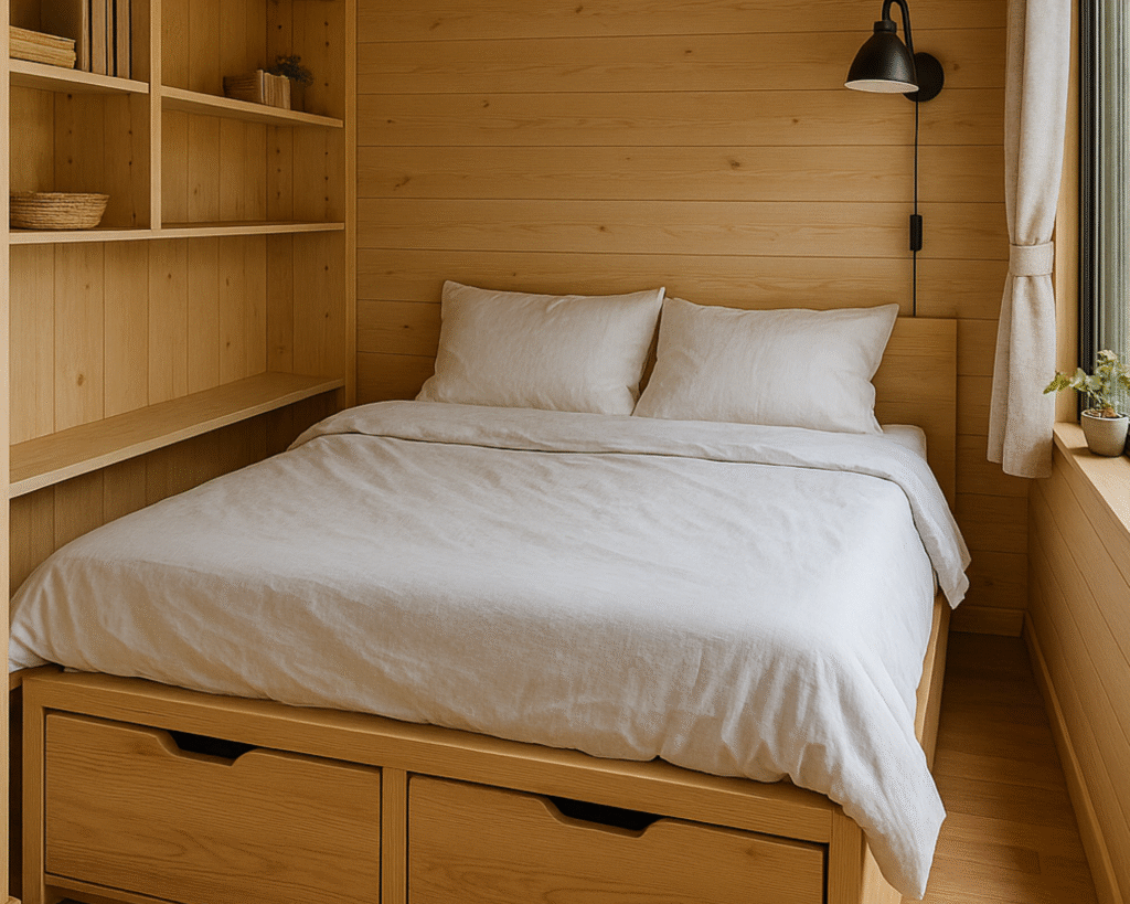 Cama retrátil para tiny house com espaço para armazenamento e design funcional.