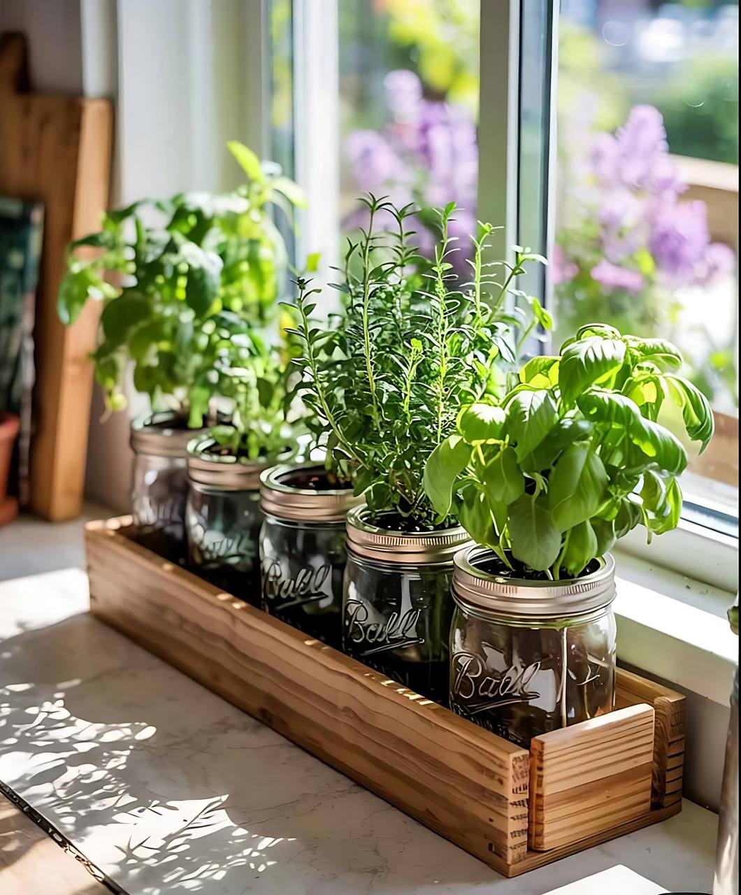 Horta sem terra para apartamento pequeno com temperos frescos cultivados em potes de vidro na janela, usando cultivo sustentável e compacto.