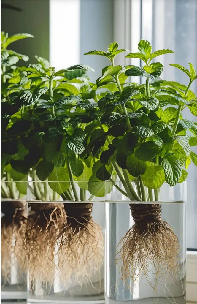 Cultivo hidropônico de hortaliças com raízes visíveis na água, ideal para apartamentos e espaços reduzidos.