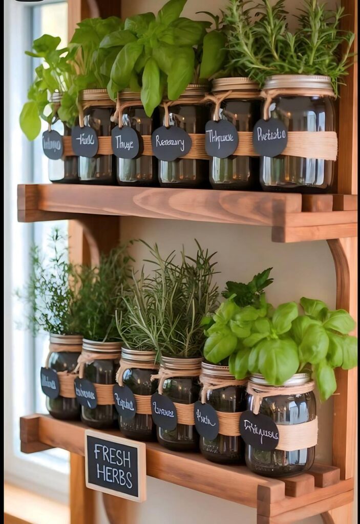 Cultivo de ervas frescas em potes de vidro reaproveitados, organizados em prateleira de madeira, ideal para hortas caseiras em apartamentos.