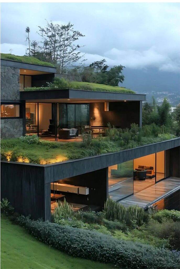 Casa moderna com telhados verdes sustentáveis e jardins elevados, promovendo eficiência energética e design ecológico.