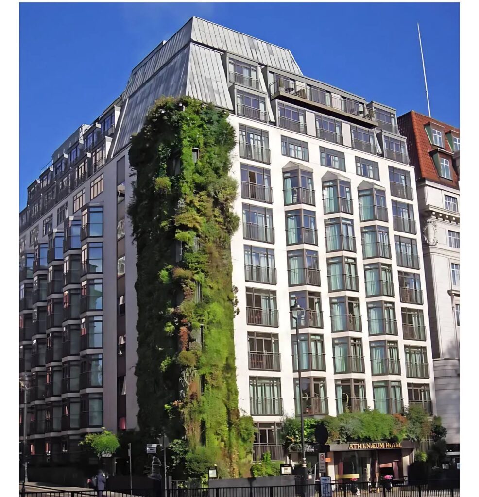 Fachada verde do The Athenaeum Hotel em Londres com parede viva coberta por vegetação vertical integrada à arquitetura urbana sustentável.
