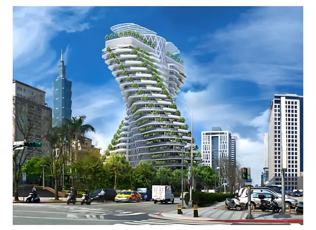 Arranha-céu sustentável Agora Garden em Taipé, Taiwan, com paredes vivas e design em espiral integrando vegetação em cada andar, exemplo de arquitetura verde e bioconstrução urbana.