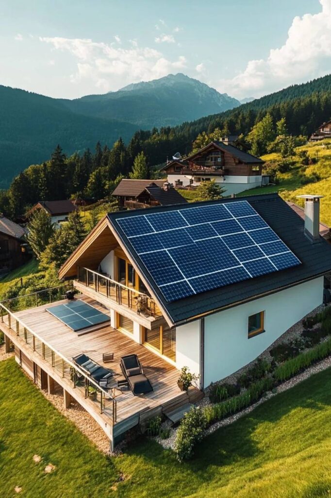 Casa moderna em área montanhosa equipada com painéis solares no telhado e na varanda, representando soluções de energia solar em pequenos espaços urbanos.