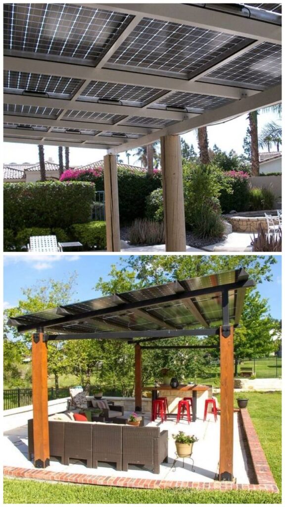 Varanda e pergolado modernos cobertos com placas de energia solar, exemplo prático de aproveitamento da energia solar em pequenos espaços urbanos.