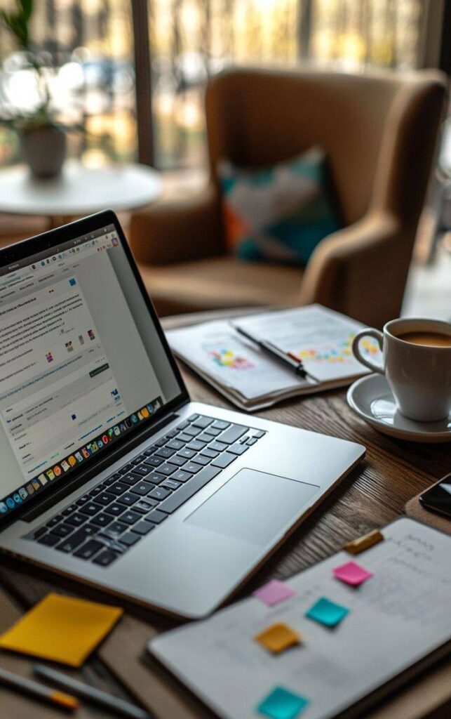 Mesa de trabalho com notebook aberto, café e bloco de anotações colorido, representando criatividade e desenvolvimento de produtos digitais.