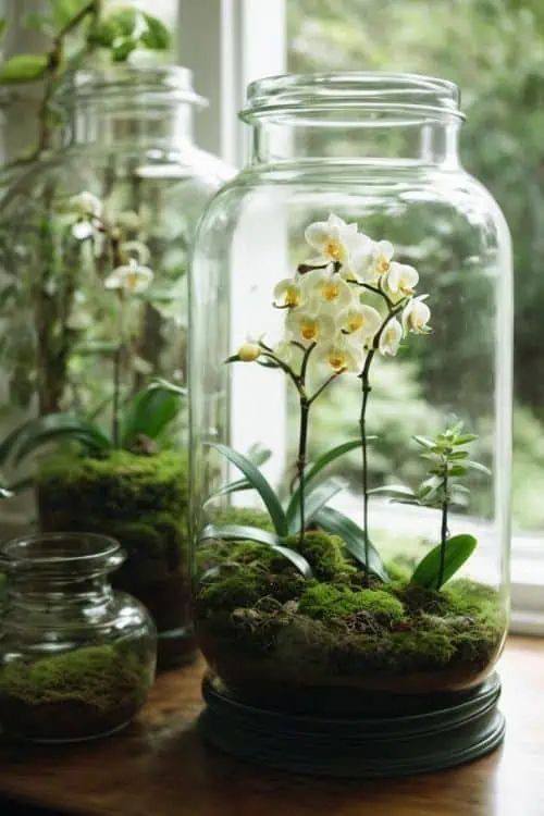 Terrário sustentável com orquídea em vidro – Terrários Sustentáveis: Peças Decorativas com Baixa Manutenção