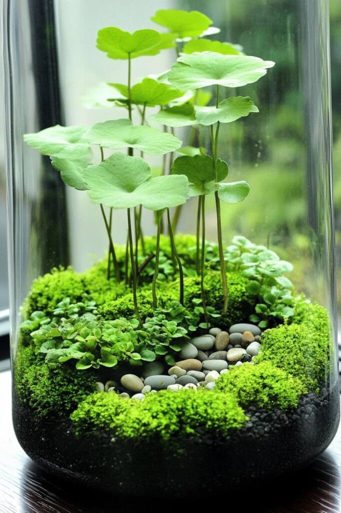 Terrário sustentável com plantas verdes e musgo em recipiente de vidro transparente.