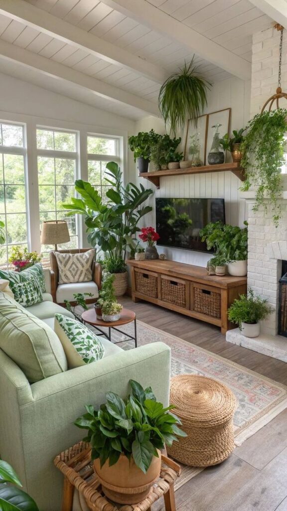 Decoração sensorial para bem-estar com sala iluminada, plantas naturais e móveis de madeira.