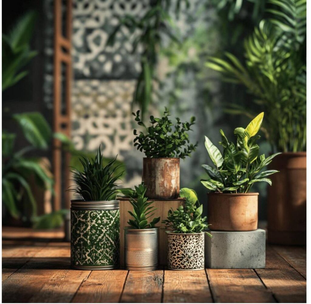 Decoração Sustentável:  em recipientes reaproveitados como vasos criativos para decoração ecológica.