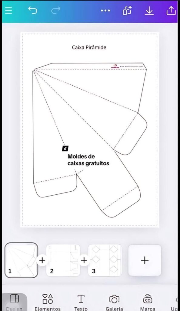 Molde de caixa pirâmide criado no Canva para artesanato digital sustentável.