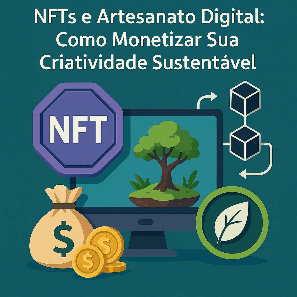 Infográfico digital ilustrando NFTs aplicados ao artesanato digital sustentável.