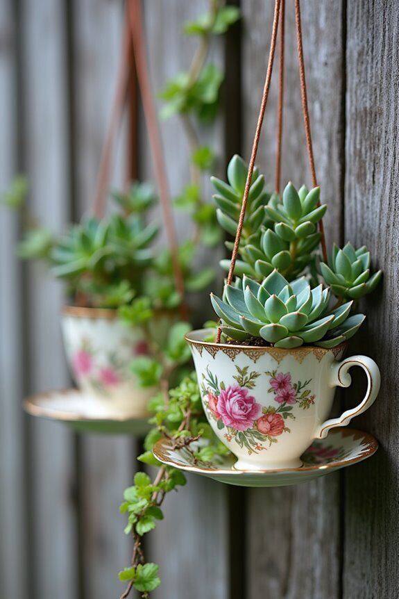 Xícaras de porcelana antiga transformadas em vasos de suculentas, penduradas em uma cerca de madeira, simbolizando upcycling e decoração sustentável.