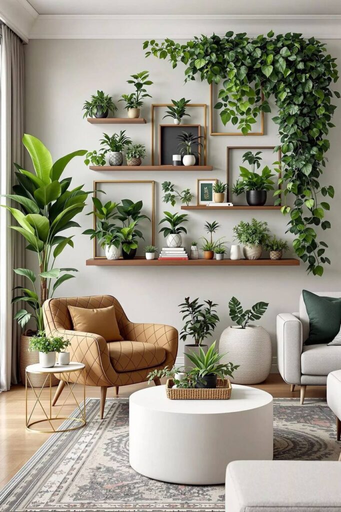Prateleiras e nichos decorativos com plantas em sala moderna