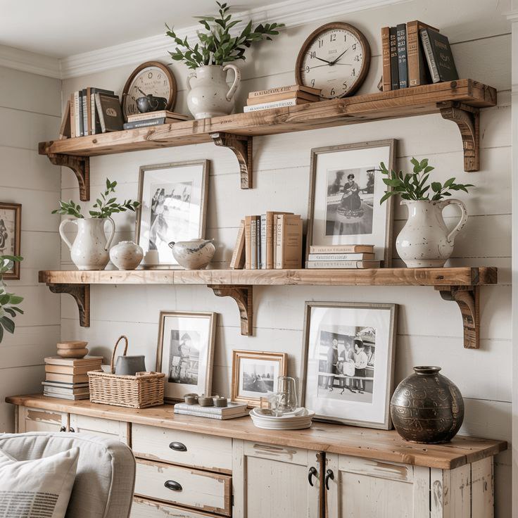 Prateleiras e nichos rústicos decorando sala com livros, vasos e quadros