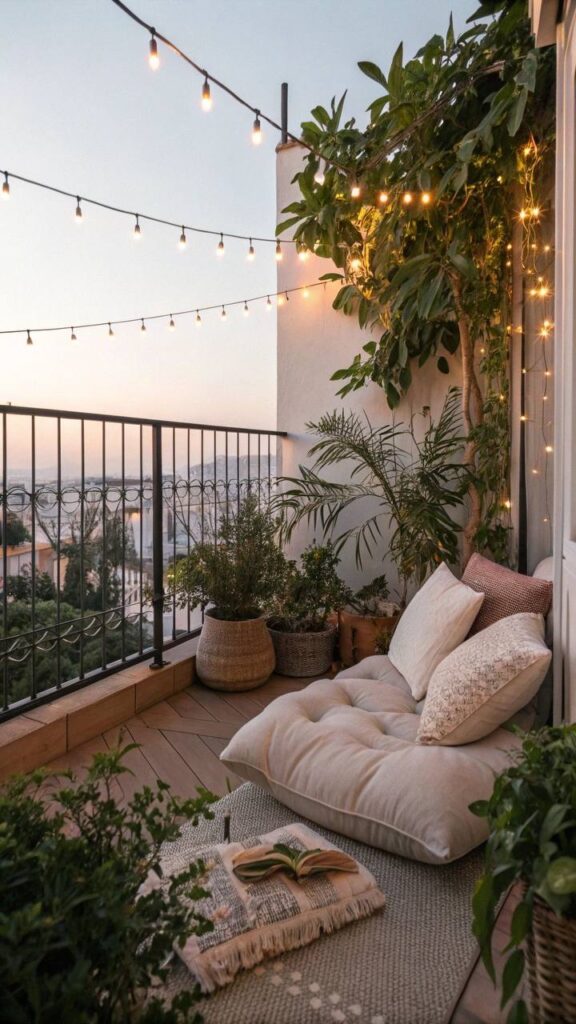 Varanda aconchegante com plantas, almofadas e iluminação suave que promove bem-estar.