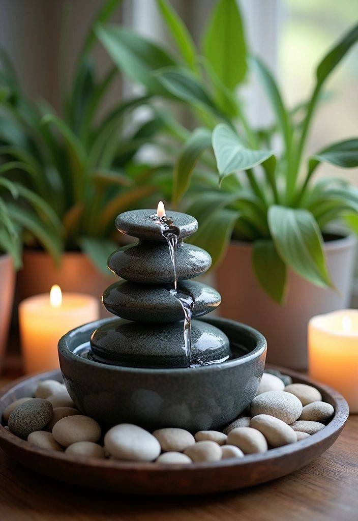 Fonte de água com pedras e velas, símbolo de equilíbrio no Zen Decor para ambientes tranquilos
