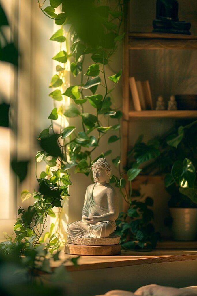 Estátua de Buda entre plantas em ambiente iluminado, exemplo de Zen Decor sustentável