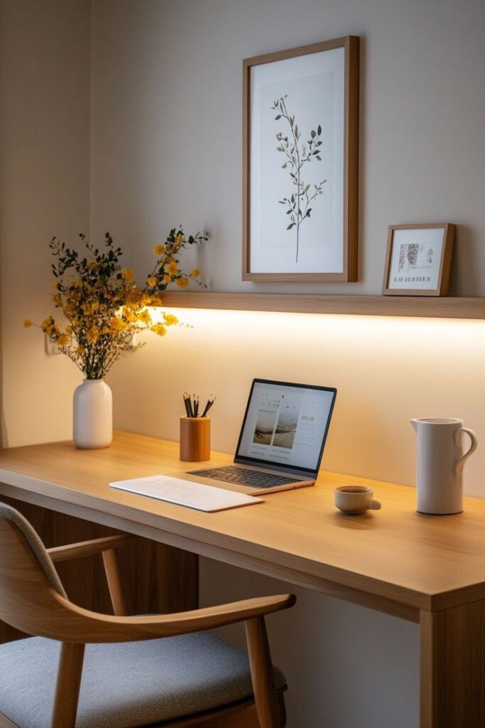 Home office minimalista com iluminação LED embutida em prateleira de madeira, criando ambiente moderno e aconchegante.