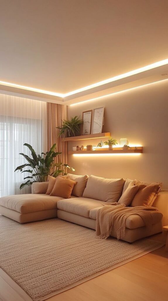 Sala de estar moderna com iluminação LED embutida no teto e nas prateleiras, criando luxo acessível e aconchego.