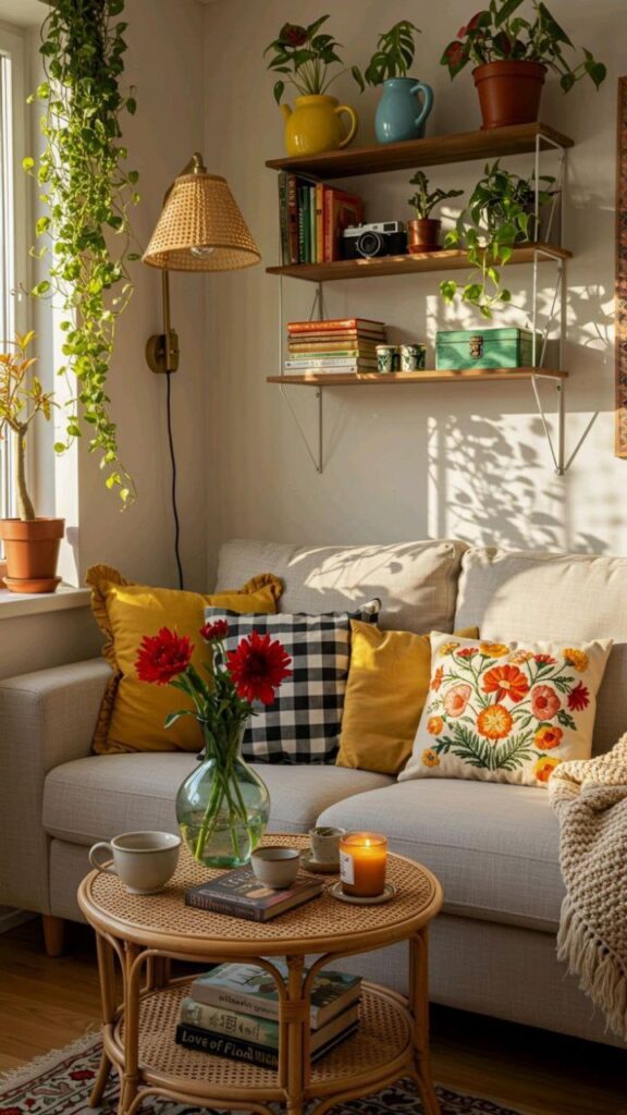 Sala pequena decorada com plantas em prateleiras e vasos, exemplo de paisagismo para apartamentos pequenos que combina natureza e bem-estar.