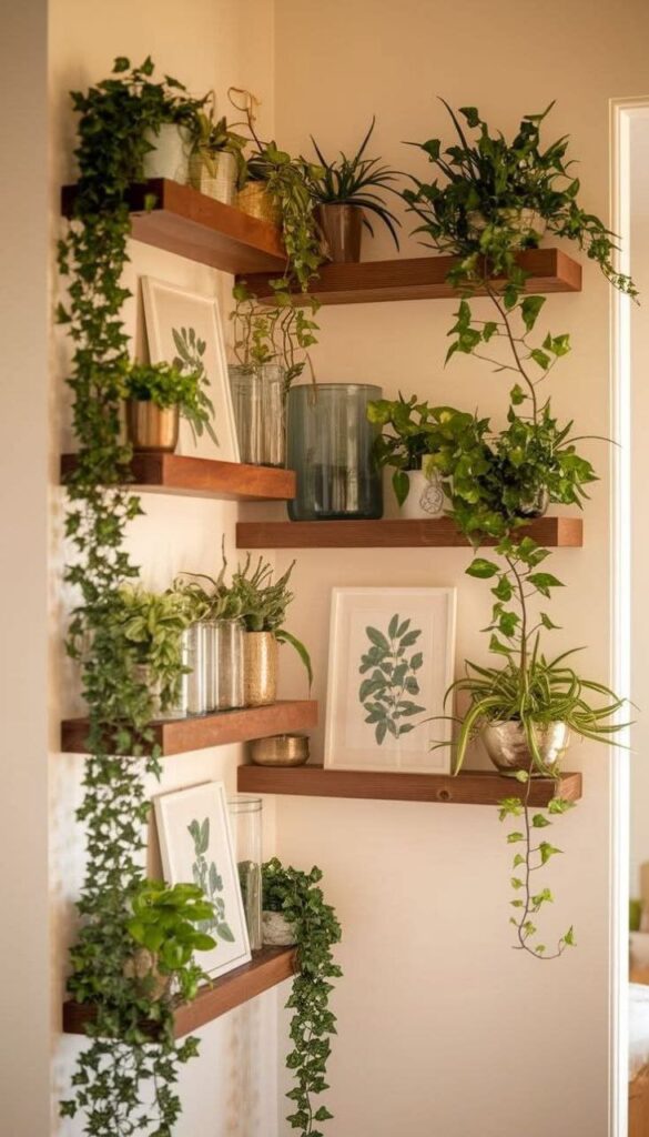 Prateleiras decoradas com plantas e quadros botânicos, exemplo de paisagismo para apartamentos pequenos que aproveita cantos e paredes.