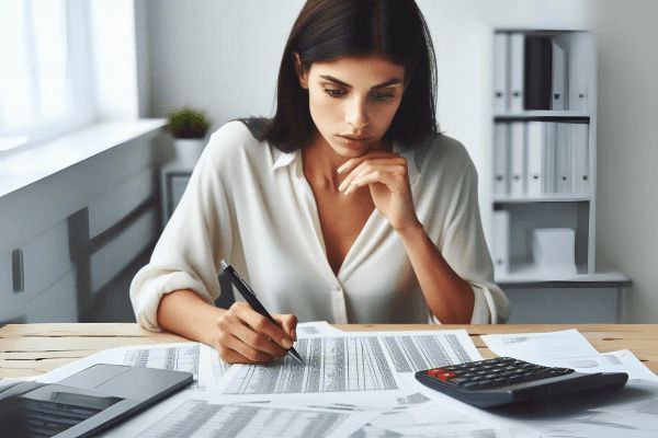 Mulher concentrada fazendo planejamento financeiro com planilhas e calculadora