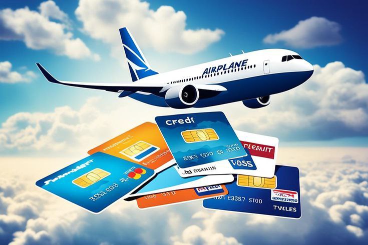 Avião voando sobre as nuvens com cartões de crédito ao redor, representando programas de pontos e milhas.