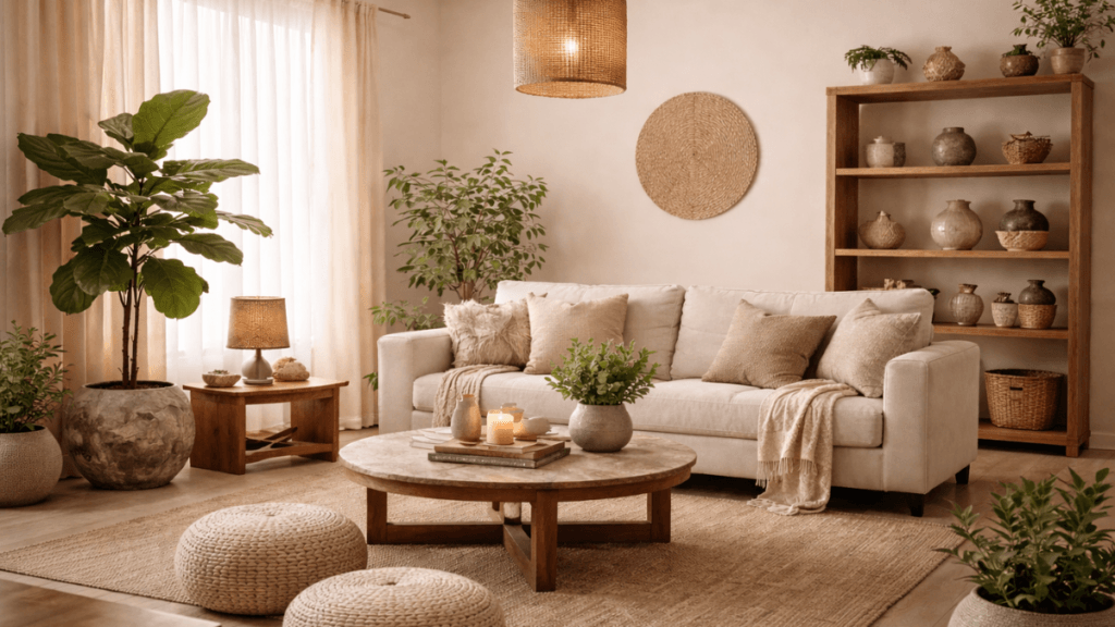 Decoração zen em sala de estar com móveis minimalistas, plantas e iluminação natural.
