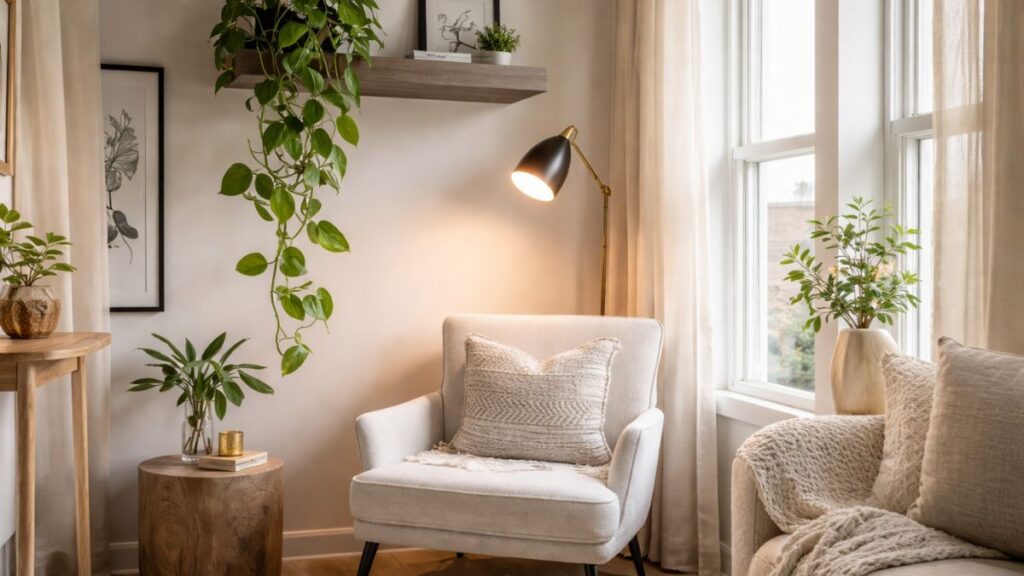 Decoração minimalista em sala aconchegante com poltrona neutra, planta natural e iluminação suave ao lado da janela.