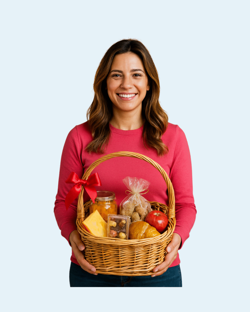 Mulher sorrindo segura uma cesta personalizada de produtos artesanais — exemplo de trabalho criativo para gerar renda extra em casa.