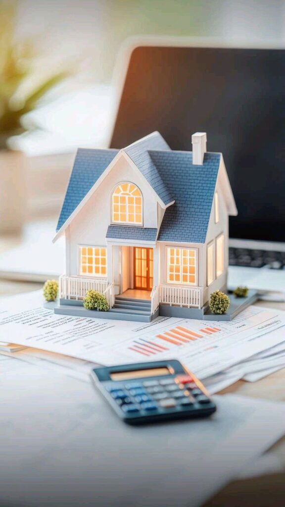 Miniatura de casa iluminada sobre relatórios e calculadora, simbolizando investimentos em fundos imobiliários