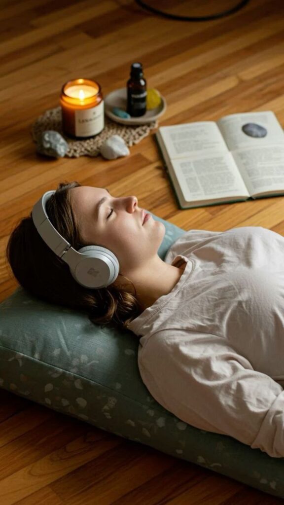Mulher deitada com fones de ouvido praticando mindfulness e relaxamento com vela acesa e livro ao lado