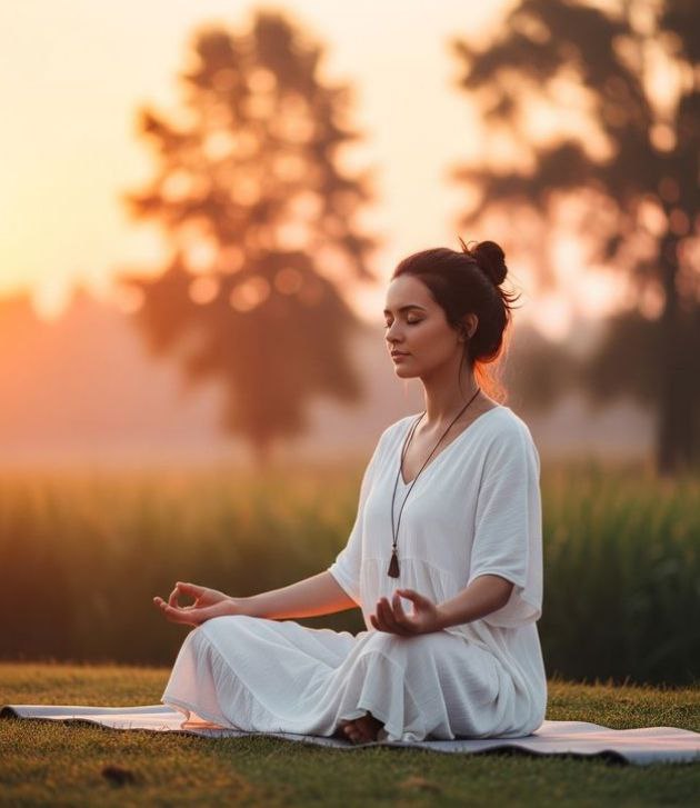 Mulher meditando ao ar livre ao pôr do sol, praticando técnicas de respiração profunda para reduzir a ansiedade e relaxar o corpo e a mente.