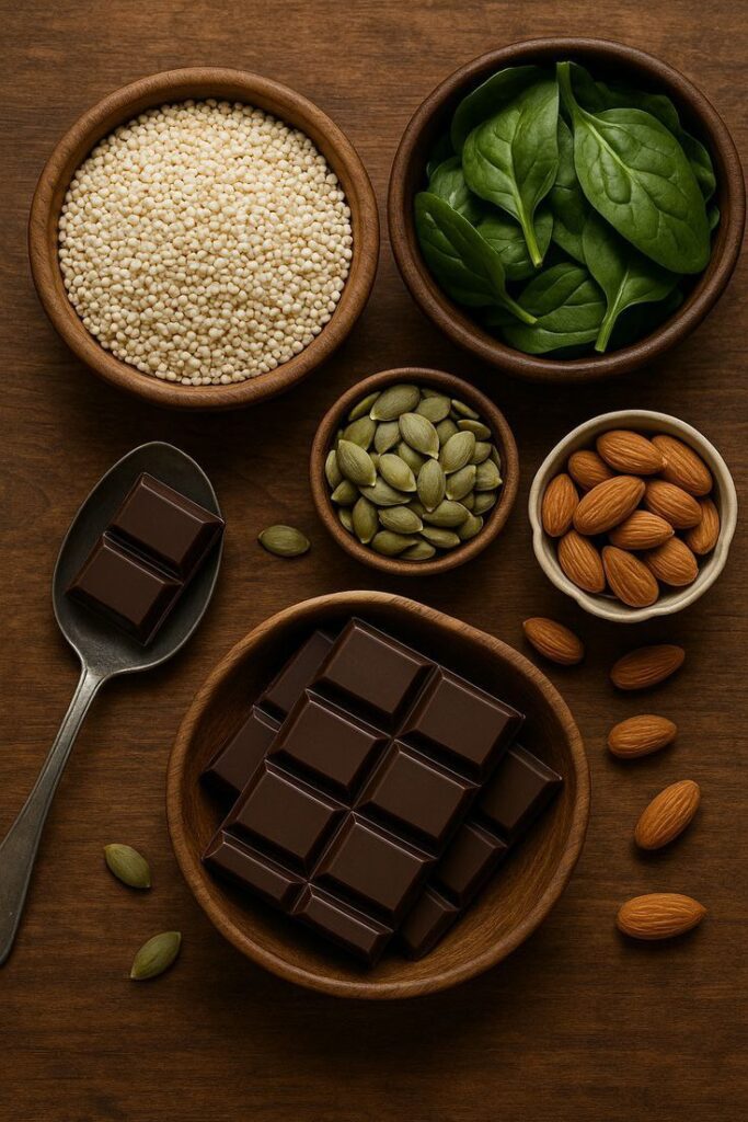 Tigelas com alimentos saudáveis como chocolate amargo, amêndoas, sementes e espinafre, representando uma alimentação equilibrada que melhora o humor e a saúde mental.
