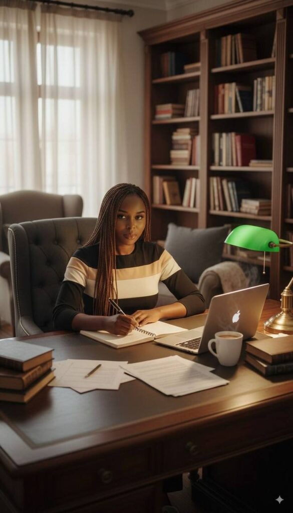 Mulher escrevendo em um caderno ao lado do notebook, representando o trabalho de quem busca ganhar dinheiro escrevendo e-books em casa.