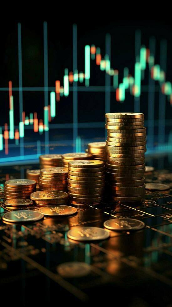Pilhas de moedas douradas sobre uma mesa com gráficos de investimento ao fundo, representando segurança financeira e crescimento de patrimônio.