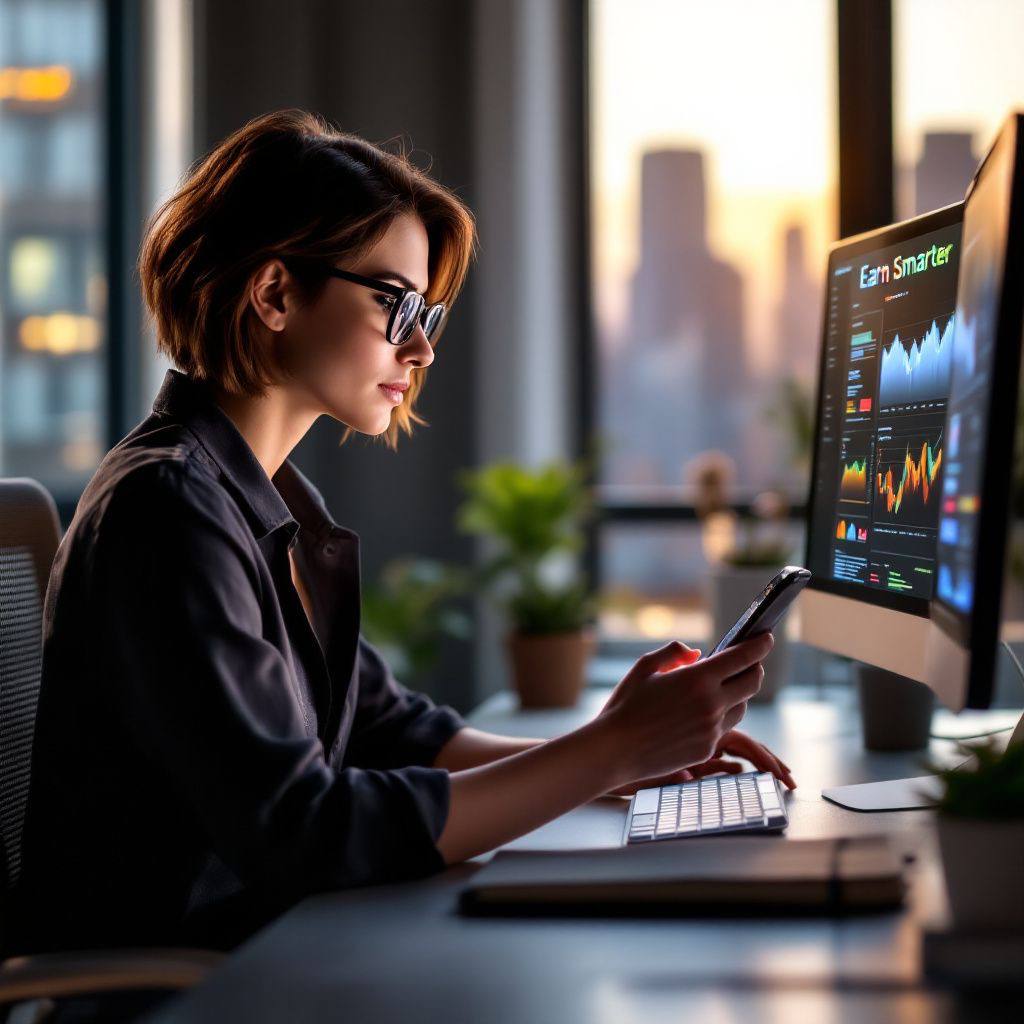 Mulher concentrada analisando gráficos financeiros em computador, representando o processo de declarar renda extra com segurança e planejamento.