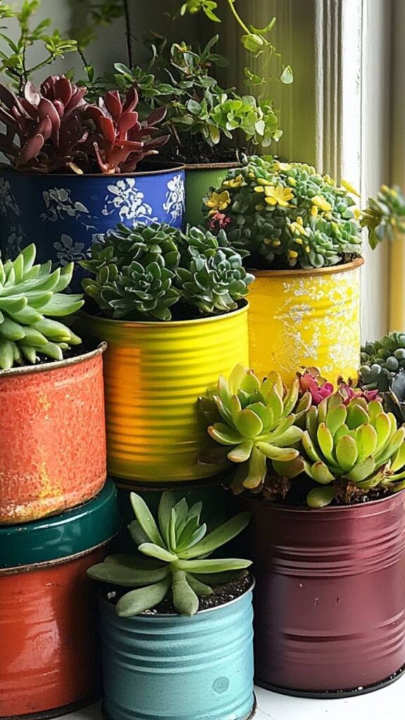 latas recicladas transformadas em vasos coloridos para vender e decorar