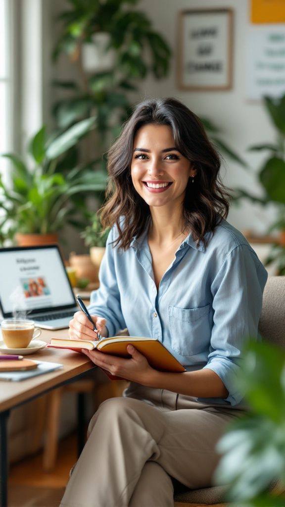 Mulher moderna sorrindo enquanto escreve em seu planner, simbolizando produtividade feminina sem esgotamento