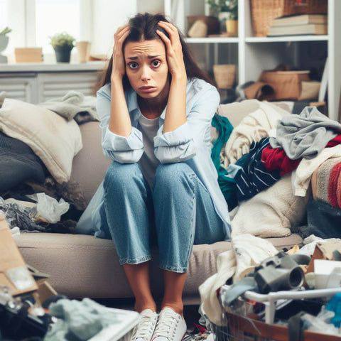 Sala desorganizada com objetos espalhados, representando como a bagunça da casa reflete o estado emocional e mental de quem vive ali.