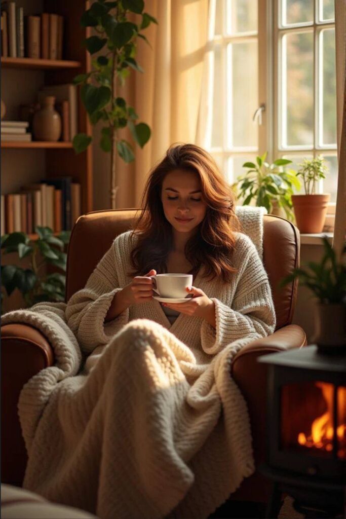 Mulher sentada em uma poltrona aconchegante, com uma xícara de café nas mãos, praticando o exercício “Esteja no Agora” em um ambiente calmo e acolhedor.