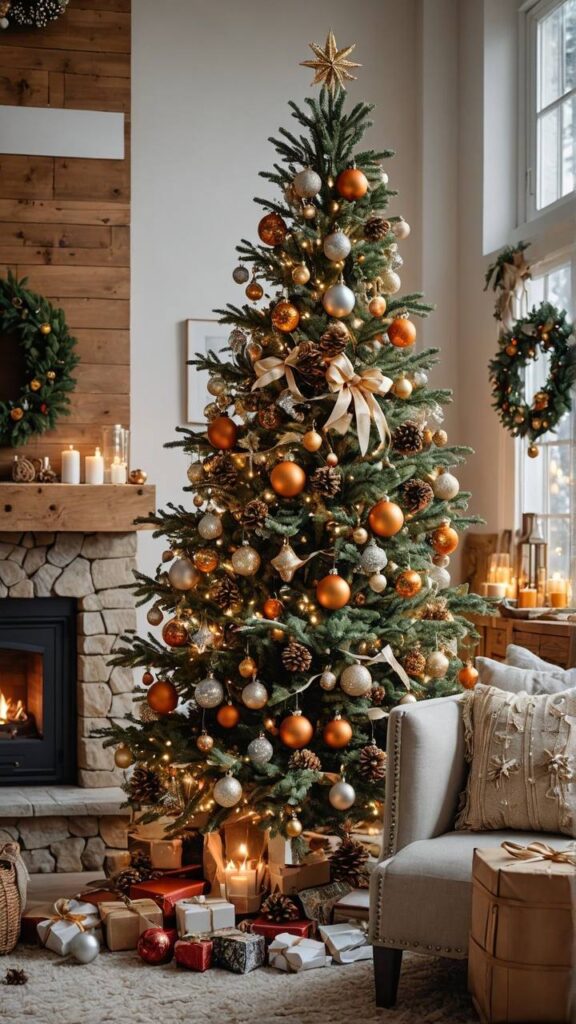 árvore de Natal dourada e cobre decorada em ambiente acolhedor com lareira acesa