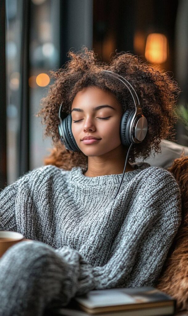 Mulher relaxando com fones de ouvido ouvindo frequências binaurais para descanso mental