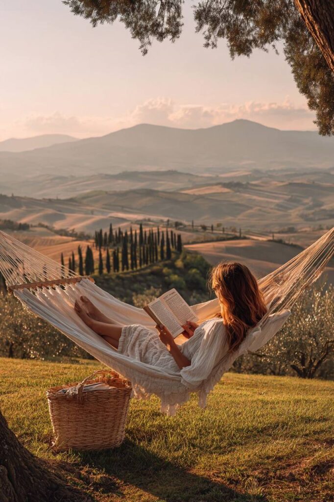 Mulher lendo sozinha em uma rede ao pôr do sol nas montanhas, representando a liberdade e a tranquilidade de viajar sozinha.