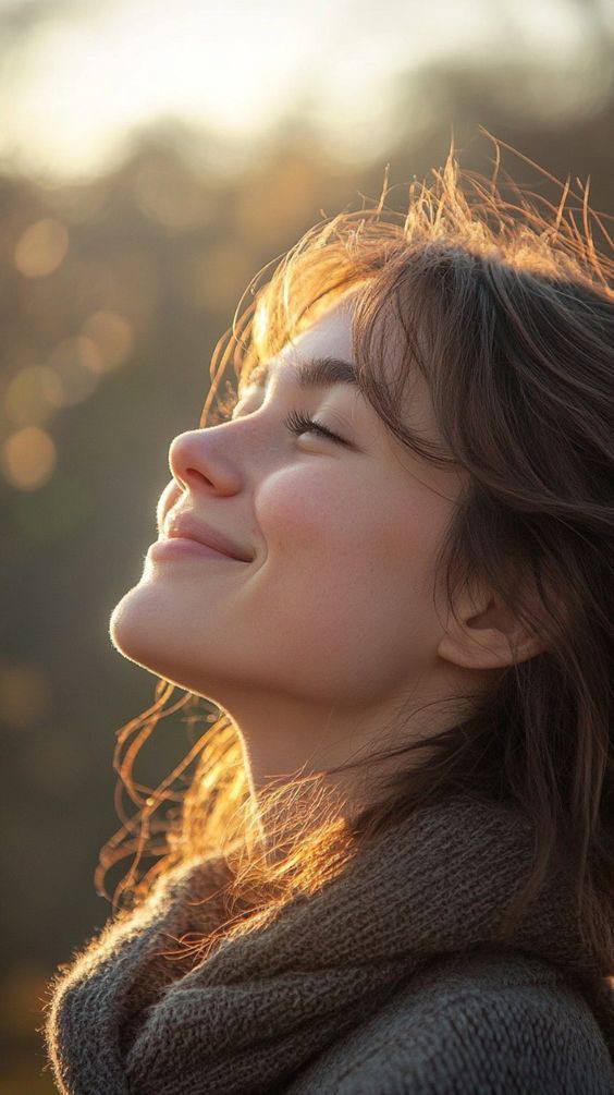 Mulher sorrindo com os olhos fechados ao pôr do sol, representando espiritualidade feminina e conexão interior.