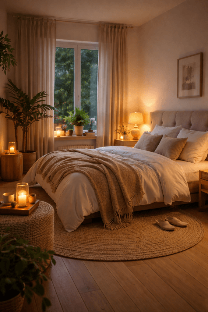 Qualidade do sono favorecida por quarto aconchegante e ambiente propício ao descanso