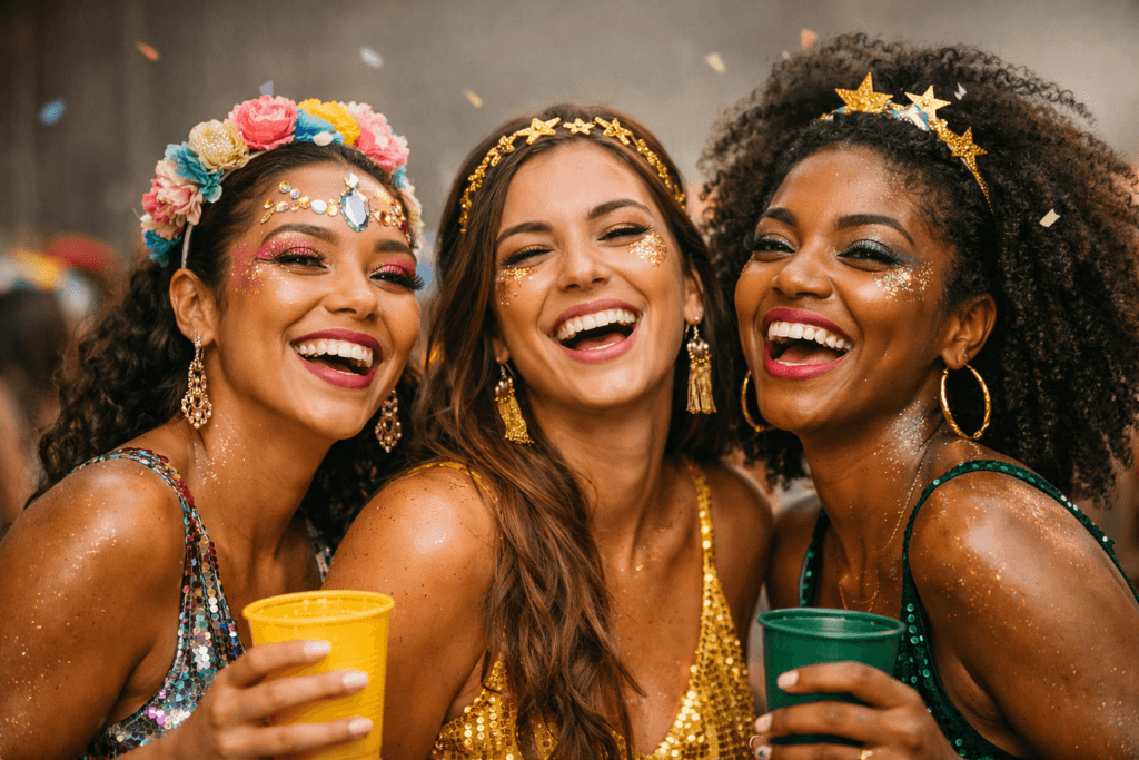 Maquiagem que não derrete: mulheres curtindo bloco de Carnaval com maquiagem intacta no calor