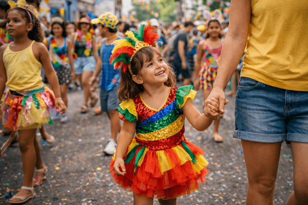criança fantasiada em bloquinho infantil seguro durante o Carnaval