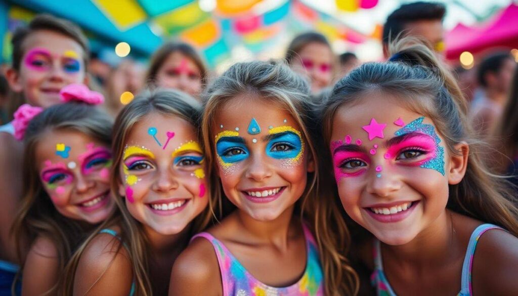 crianças com maquiagem colorida em bloquinho infantil seguro durante o Carnaval